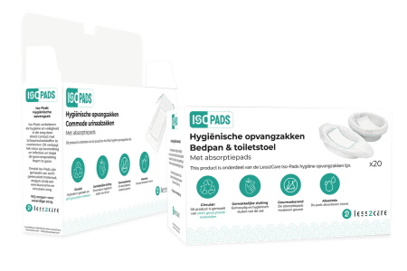 Witte dozen met ISO Pads hygiënische absorberende inleggers voor bedpannen en commodes. Elke doos bevat 20 inlegkruisjes ontworpen volgens de Richtlijnen Hygiëne.