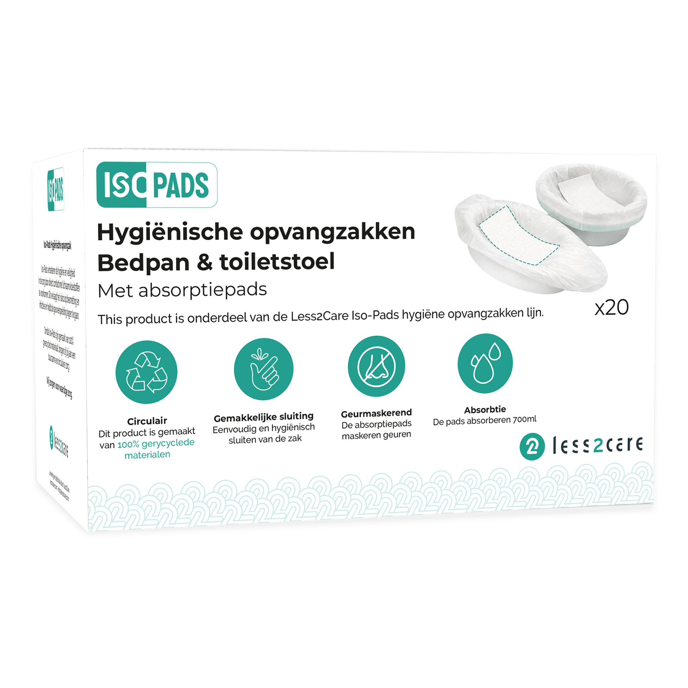 Een witte doos met Less2Care IsoPads hygiënische opvangzakjes voor bedpannen en toiletstoelen, voorzien van productafbeeldingen, pictogrammen en Nederlandse tekst waarin de kenmerken worden beschreven, en een inhoud van 20 zakjes.