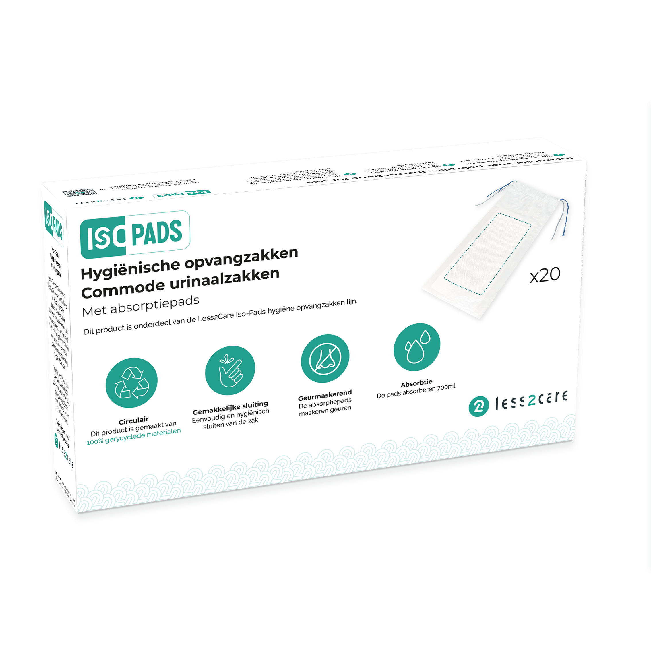 Een witte doos met IsoPads hygiënische urineopvangzakjes voor op de wc, voorzien van absorberende inlegvellen. Op de verpakking staan een afbeelding van het product, een beschrijving in het Nederlands en het Frans, pictogrammen die de kenmerken illustreren, en de vermelding dat er 20 zakjes in zitten.