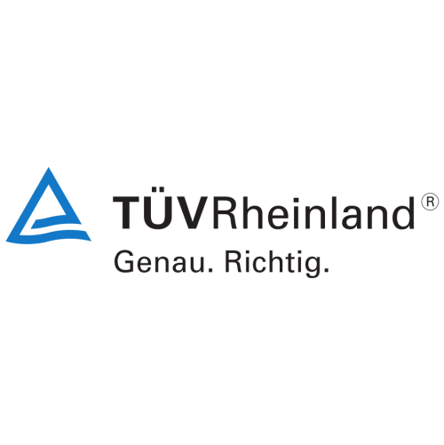 Het logo van TÜV Rheinland met links een blauw driehoekig symbool en de tekst „TÜV Rheinland Genau. Richtig.“ in het zwart op een witte achtergrond.