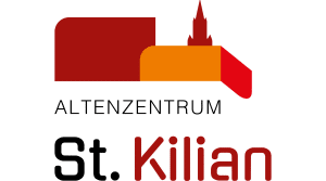 Logo met abstracte rode en oranje vormen die op gebouwen en een kerktoren lijken, boven de woorden „ALTENZENTRUM St. Kilian” in vetgedrukte zwarte en rode letters.