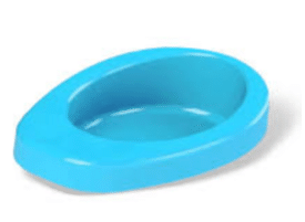 Een helderblauwe, ovale plastic bedpan met gladde randen, bedoeld voor het verrichten van de behoefte door personen met beperkte mobiliteit.