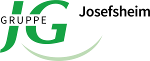 Logo met grote groene letters JG en het woord GRUPPE in het zwart boven de J. Rechts staat in zwarte letters ‘Josefsheim’ geschreven, boven een groene gebogen lijn.